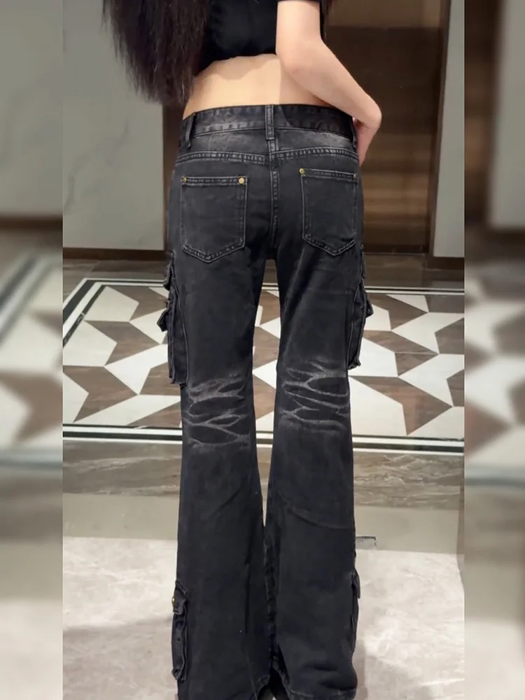 Retro American Washed Denim Jeans Loose Fit Bell Bottoms for Women Low Waist Zipper Closure Four Seasons Pure Color Jeans