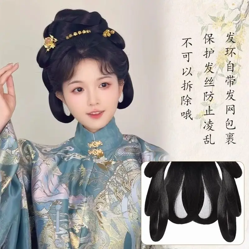 Set completo di parrucche Hanfu: acconciatura antica all-in-one con panini per capelli stile Ming/Tang Parrucca completa cinese tradizionale