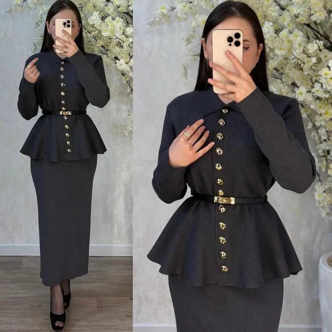 Women Two Piece Sets Skirt Set Y2k Streetwear Elegant Work Turn Down Collar Full Sleeve Tops Hip Wrap Mermaid Skirts Belt Spring image 6