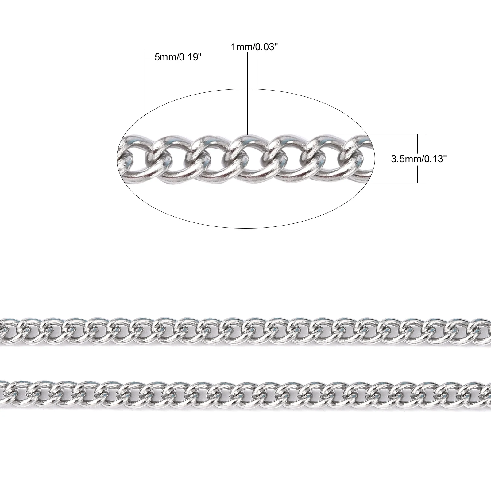 304 Stainless Steel Curb Chains, Unwelded, Stainless Steel Color, 5x3.5x1mm; about 10m/roll