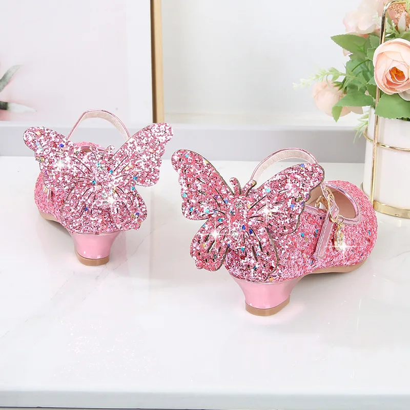 여자아이 크리스탈 가죽 신발 어린이 공주 신발 아동용 부드러운 밑창 한국 스팽글 어린이 신발 나비 날개 버클
