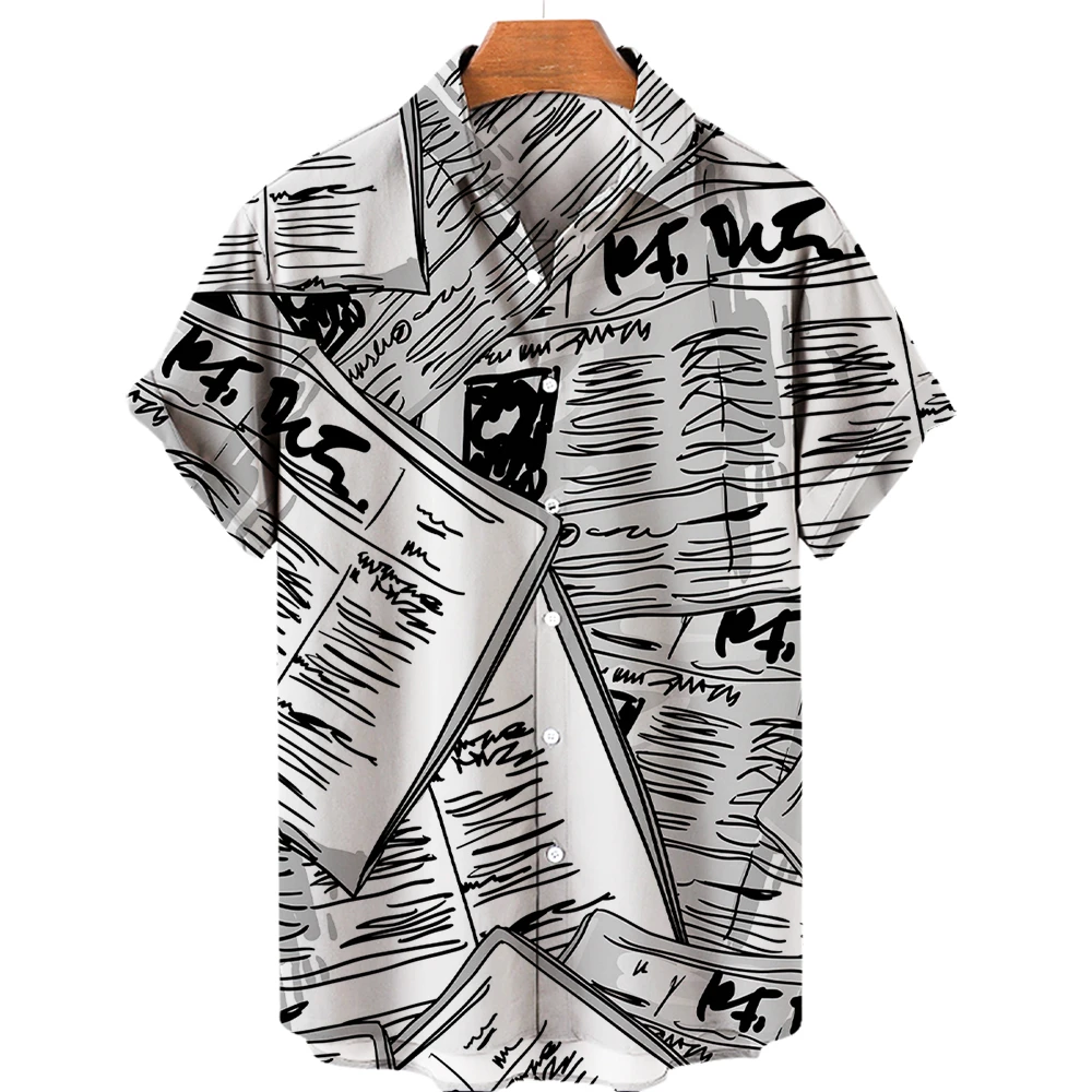 2022 Vintage Newspapers Men's Clothing Vintage Shirts Men's 3d Print Lapel Hawaiian Short Sleeve Report Tops