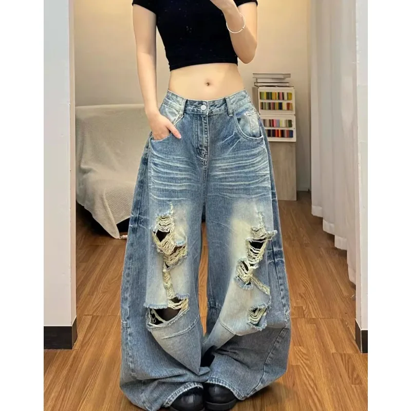 

American Vintage Washed Distressed Ripped Women's Jeans Street Style Banana Leg High Rise Loose Fit Trendy Comfort Women's Pants