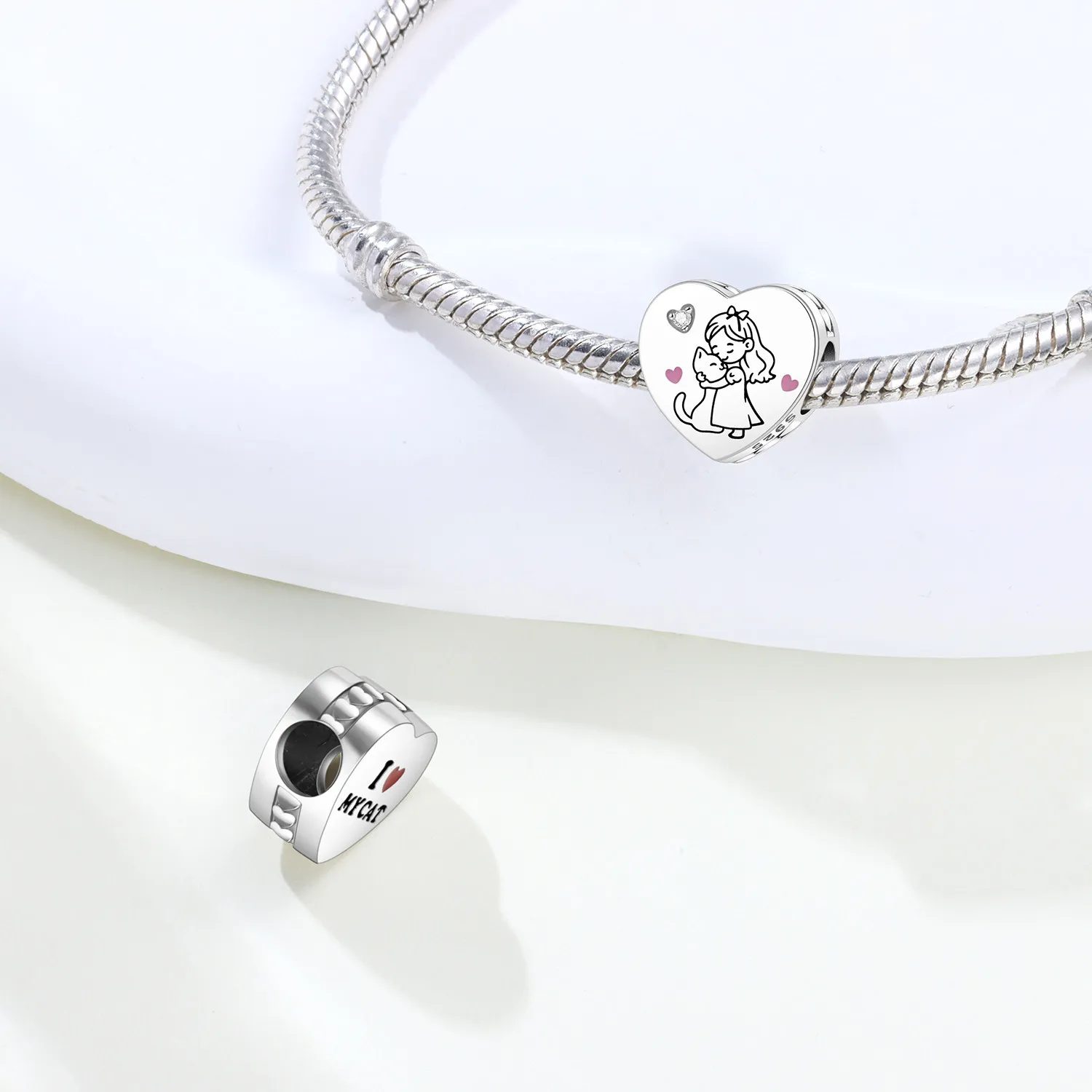 CYCUFF 925 Sterling Silver Love Shaped Cat Pet Pendants Bracelet Necklace Charms Fit Jewelry Party Beads DIY Fine Gifts view 2