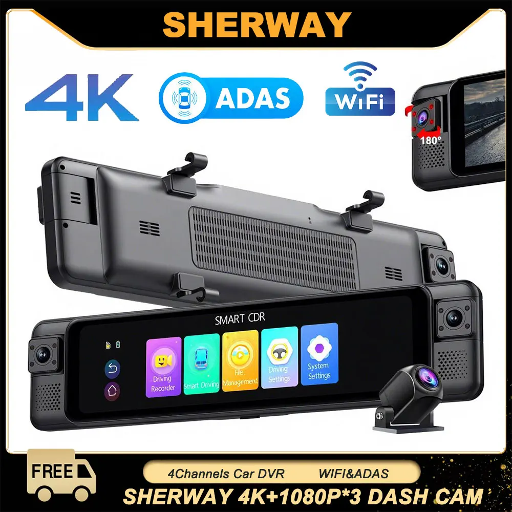 Grabadora de Video para Auto de 12 Pulgadas, Pantalla Táctil 4K, 4 Canales, ADAS, Cámara de Retrovisor, Grabación Delantera y Trasera HD con Visión Nocturna