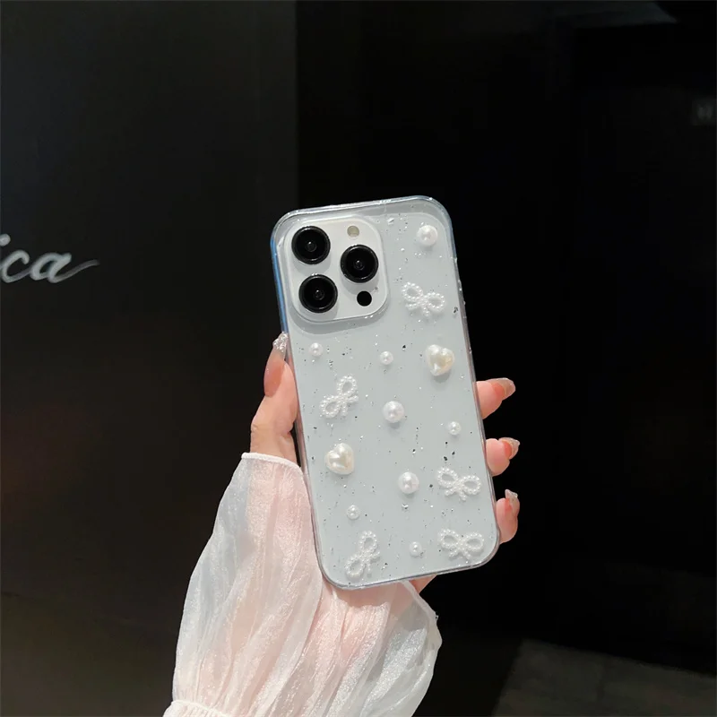 

Lady Pearl Ribbons Shiny Jelly Phone Case For iPhone14,15 16Pro 13 12 11 XsMax XR 78plus SE2/3 Full Cover Skin Shell Protection