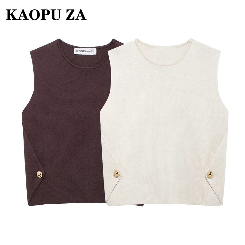 KAOPU ZA 2024 Autumn Female Sophisticated Sleeveless Knitted Vest Gilet Classic Woman's O-Collar Sweater Ruched Regular Fit Top