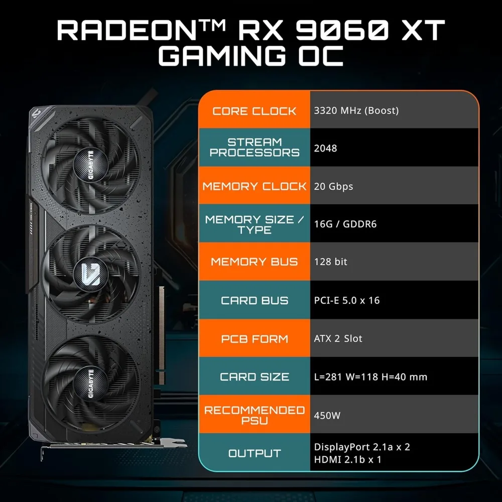بطاقة رسومات Radeon RX 9060 XT Gaming OC 16G، PCIe 5.0، 16GB GDDR6، GV-R9060XTGAMING OC-16GD بطاقة فيديو