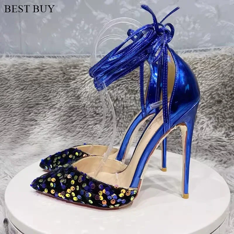 White Sequin wedding high heels shiny bling high heel slip on wedding shoes party ladies pointed toe fashion dress stilettos