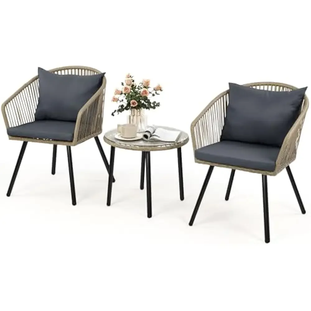 

Bistro Table and Chairs Set of 2, Outdoor Patio Furniture Set with Cushion Chairs and Glass Table, Front Porch Furniture