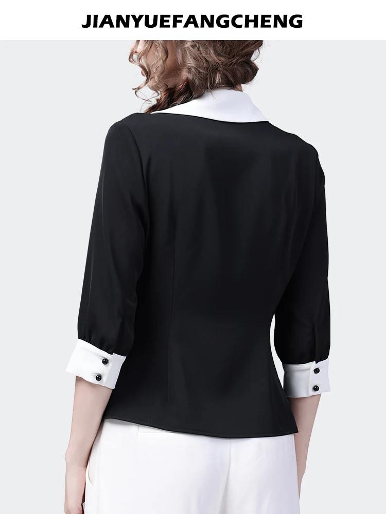 Fashion Asymmetrical Contrast Color Lapel Collar Women\' Shirt Tops Elegant Slim Spring Summer Half Sleeve Office Ladies Blouses