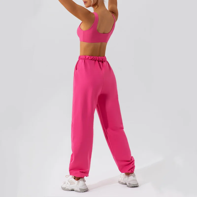 Yoga sports pants with brand logo women pleated waist ninth slacks draw elastic waist wide leg trousers with pockets sweatpants