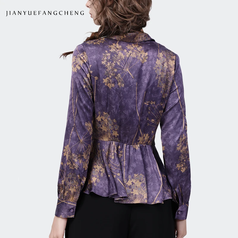 Luxury Women Long Sleeve V-Neck Purple Satin Printed Shirt 2022 Autumn New Elegant Slim Ruffles Tops Fashion Casual 90s Blouses