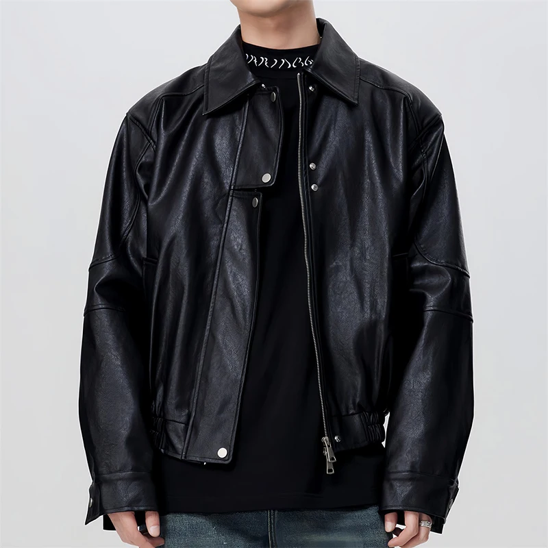 

Мужская кожаная куртка-пилот с отложным воротником, осенняя, винтажная, с двойной молнией, черным воротником, карманами, мотоциклетная куртка, модная кожаная верхняя одежда