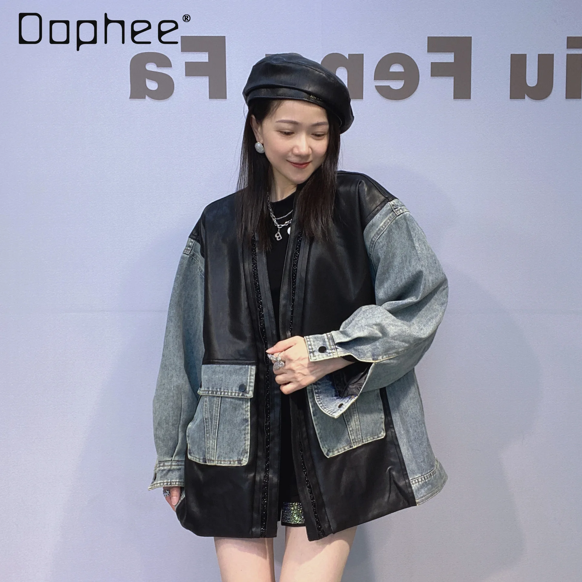 

2025 Autumn Winter Oversized Loose V-Neck Faux Leather Jacket Women's Denim Patchwork Leather Jacket Slimming Cardigan Coat