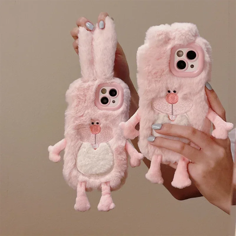 Cute plush 3D rabbit ears phone case for iPhone 15 14 11 12 13 Pro Max, new creative luxury couple case