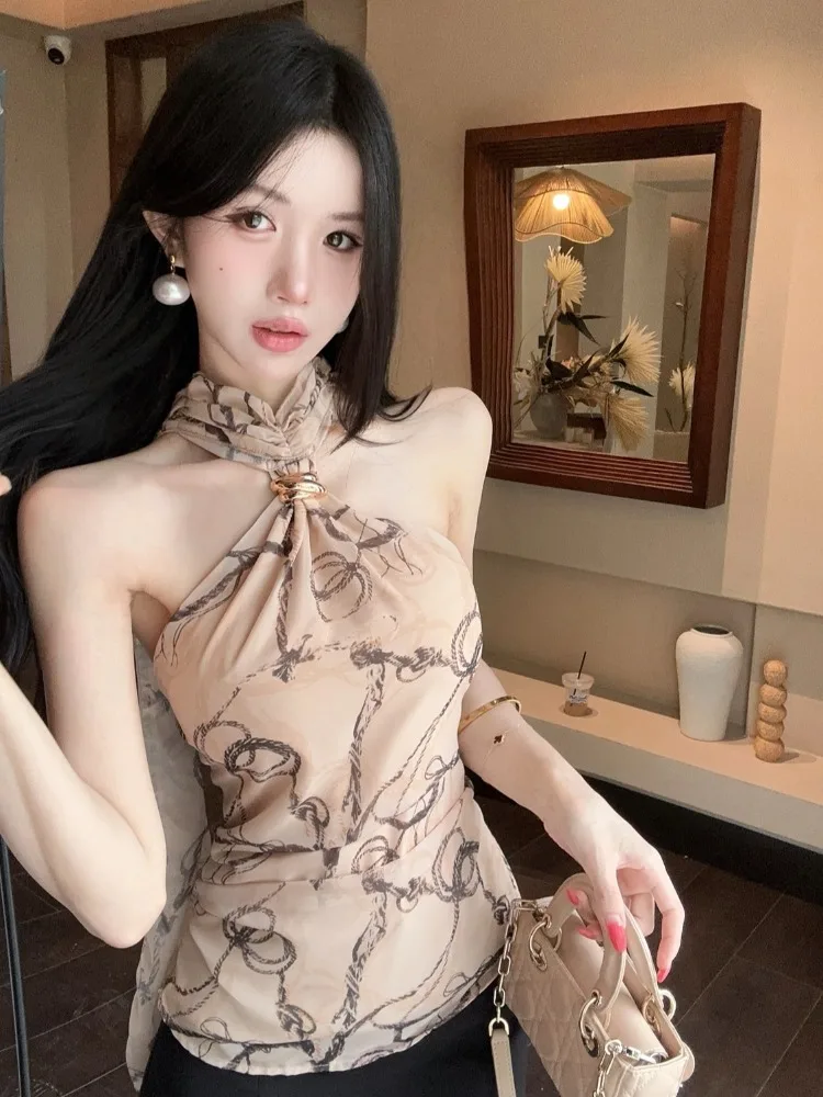 

Retro Korean Style Off-Shoulder Neck Hanging Sleeveless Chiffon Top Women's Sexy Summer High-End Feeling Vest Strap