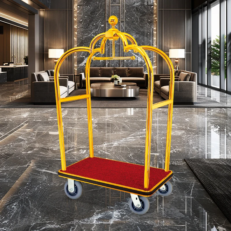 

Нержавеющая сталь Роскошный отель Корона Сервировочная тележка для багажа Серебристая Золотая птичья клетка Тележки для дорожной багажника