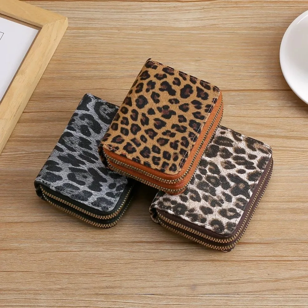 Fashion Leopard Print Short Wallet PU Leather Multi Card Slot Coin Purse Large Capacity Double Zipper Card Holder For Women