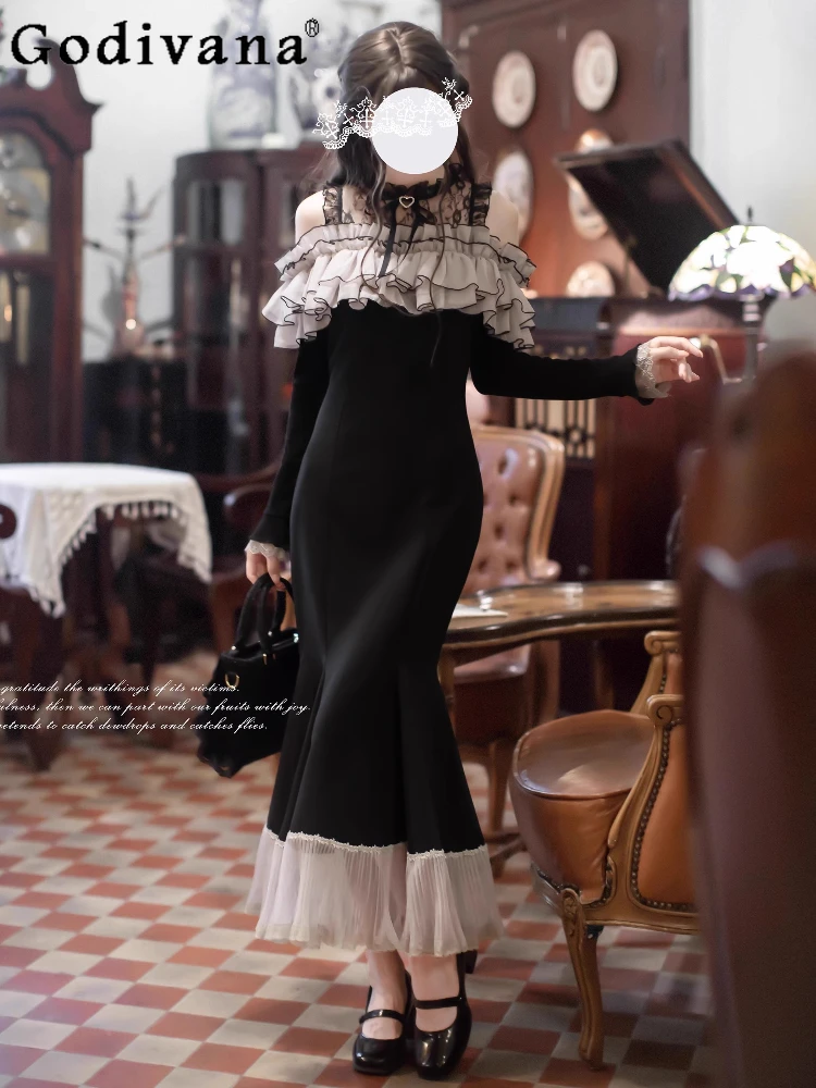 

Japanese Mass-Produced Lolita Long Mermaid Dress Autumn New Girls Women's Slim Fit Elegant Cute Bow Lace Off-Shoulder Long Dress