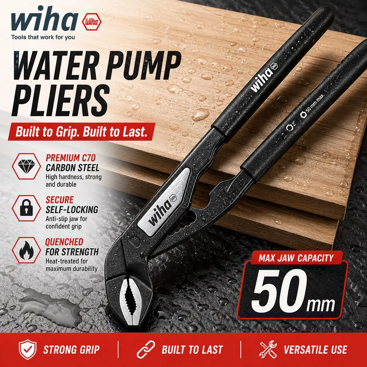 Wiha47164 Germany Black Forest Water Pump Pliers, 10 Inch, Imported, Extra Wide Jaw Pipe Plier, Pipe Wrench, 47164