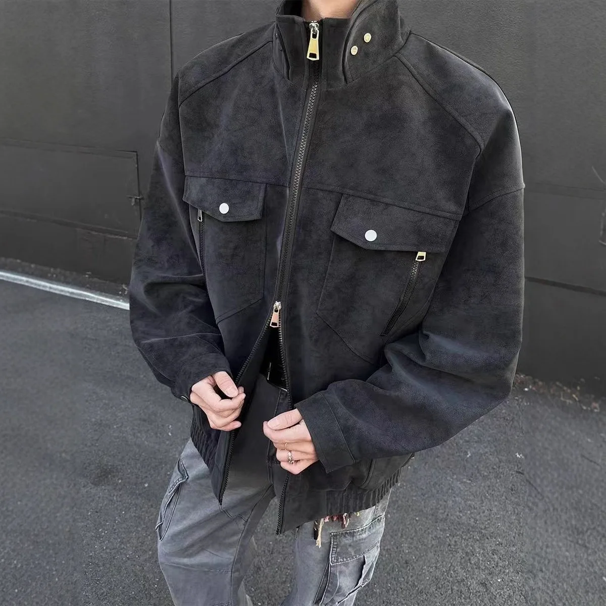 

Мужская куртка из искусственной кожи с воротником-стойкой, в стиле ретро, рабочая, модная верхняя одежда, повседневная, с длинными рукавами, на молнии, с прямым подолом