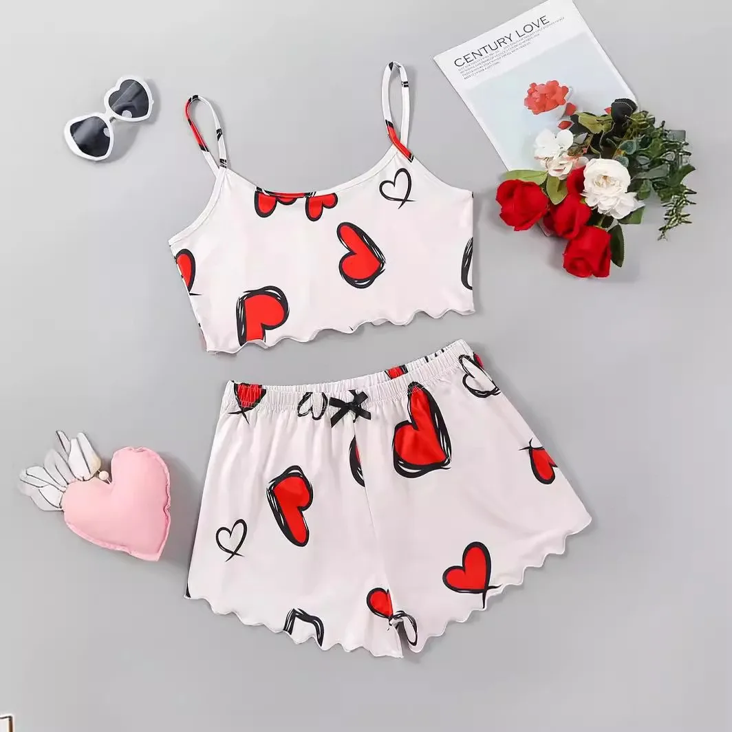 New Women\'s Pajamas Sexy Heart Print Sling Sleepwear Set  V-Neck Pyjamas Female Homewear Sleeveless Cute  Top And Shorts