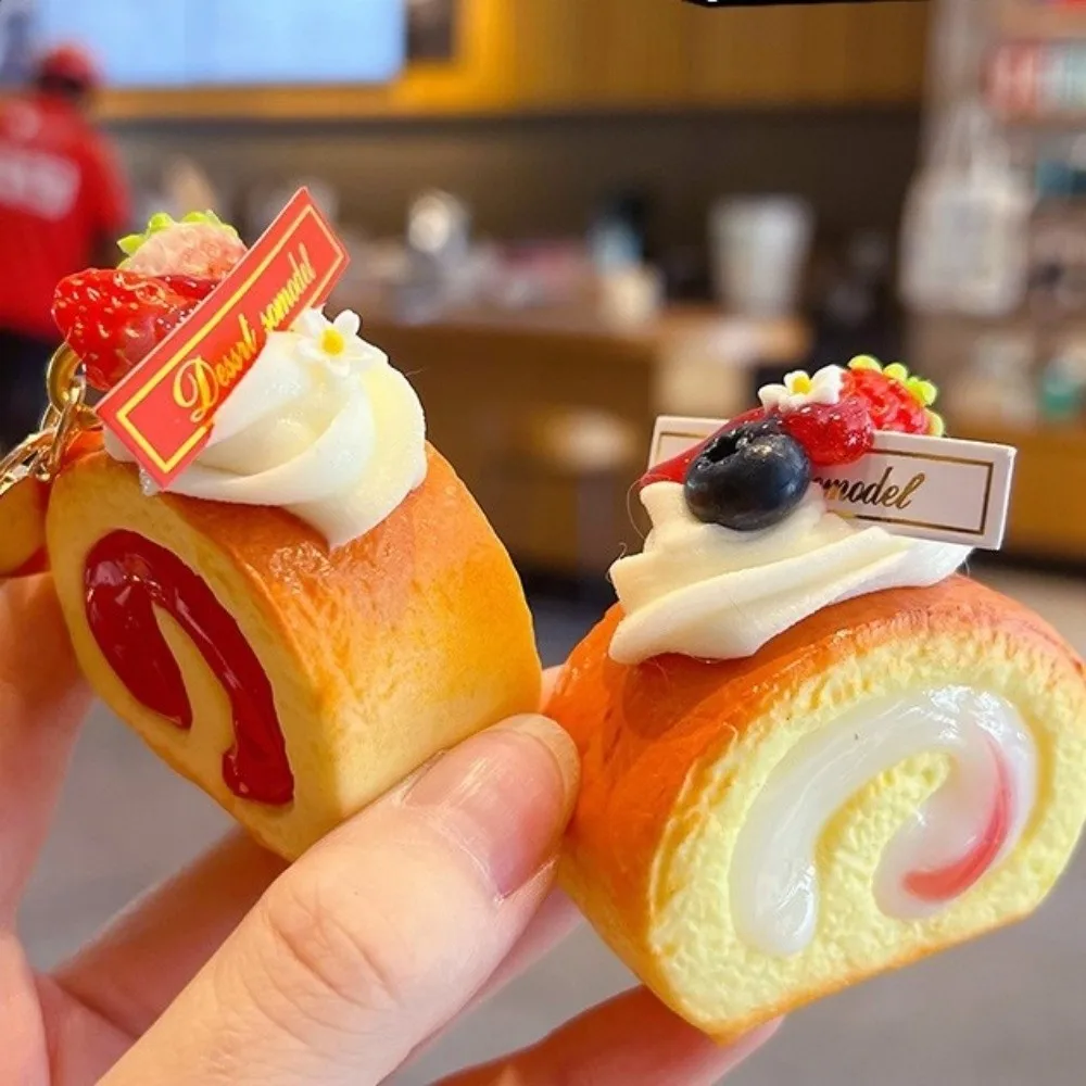 PU Simulation Fruit Keychain Simulation Fruit Strawberry Food Pendant Keychain Lightweight Blueberry Swiss Roll Keychain