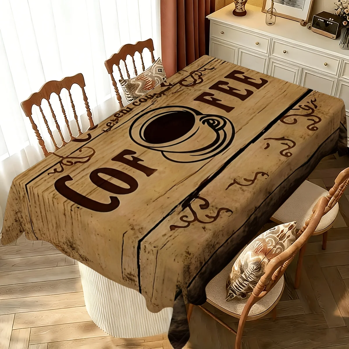 1pc Retro Bohemian Brown Coffee Patterned Tablecloth, Durable Polyester Tablecloth, Bohemian Coffee Theme Style Tablecloth