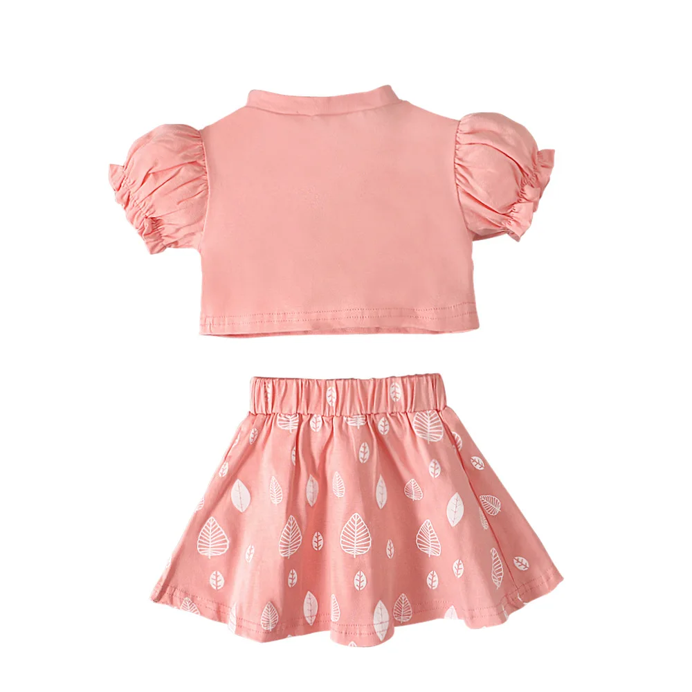 Ropa de verano para niña pequeña, chándal de manga abullonada, Tops cortos, falda, conjunto de 2 piezas, disfraz deportivo rosa, A429