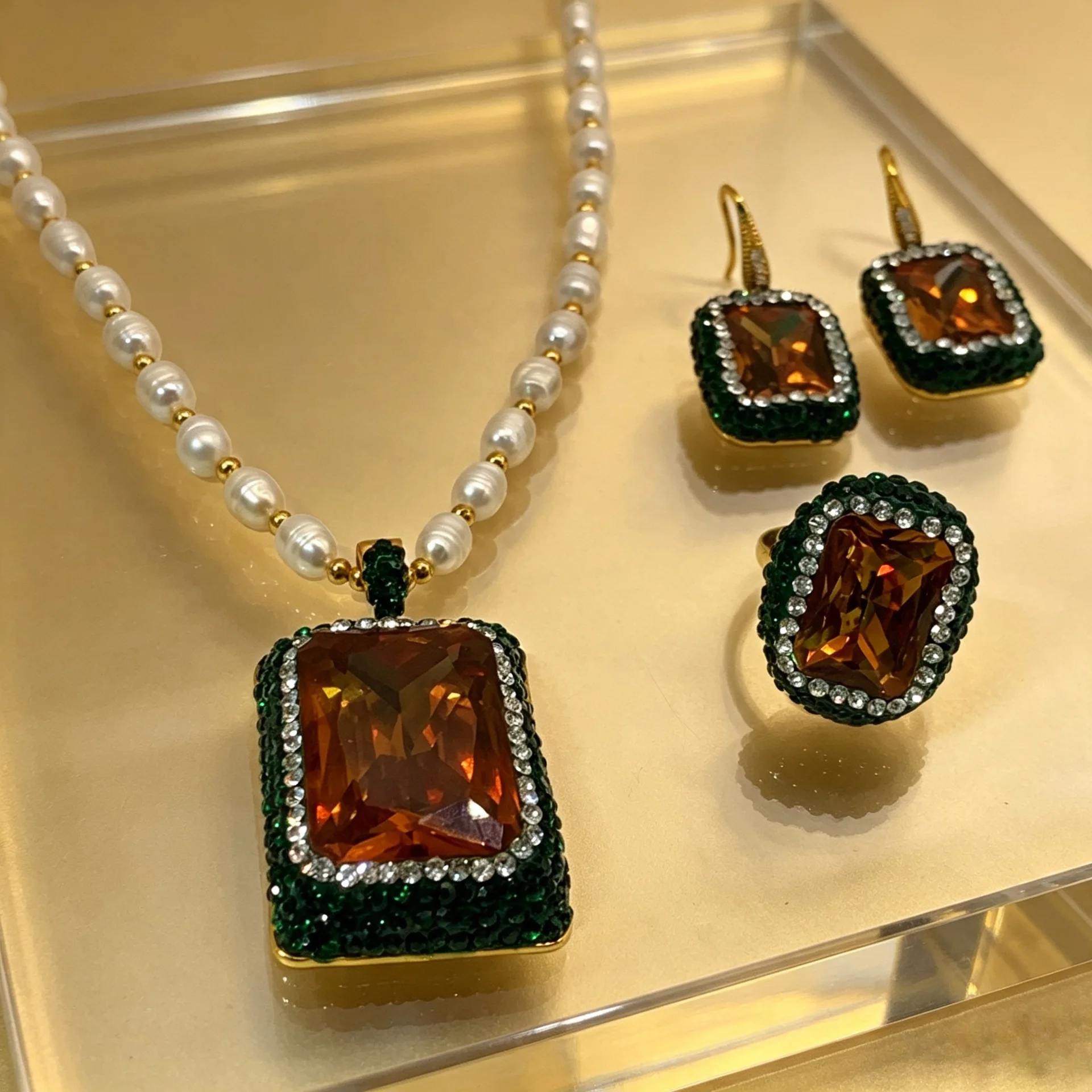3PCS Turkey Sultan Stone Color Changing Crystal Long Sweater Chain Necklace Earrings Ring Personality Luxury Women Jewelry Set