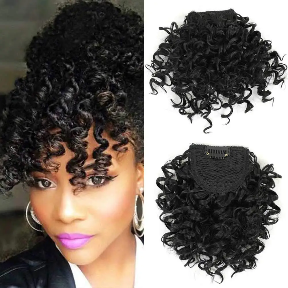 Synthetic Curly Bangs for Black Women Short Afro Kinky Curly Bangs Clip in Bangs for Daily Use