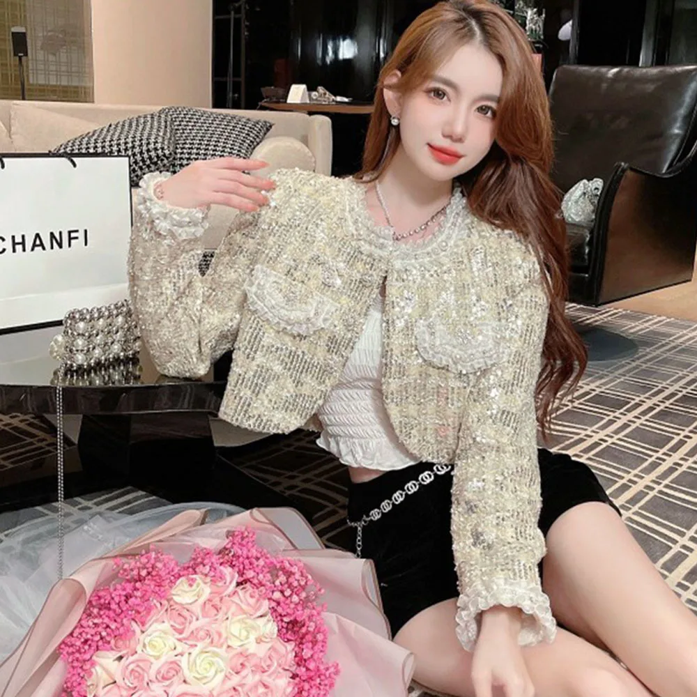 Korean Chic Vintage Tweed Jackets For Women Cropped Coat Elegant Office Lady Fashion Pearl Outerwear 2023 Autumn New Elegant Top