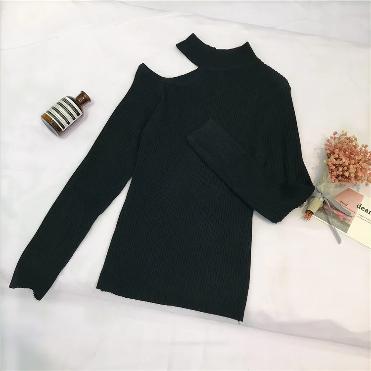 571 Otoño Invierno nueva moda medio cuello alto fuera del hombro Slim Fit Top de punto ropa interior