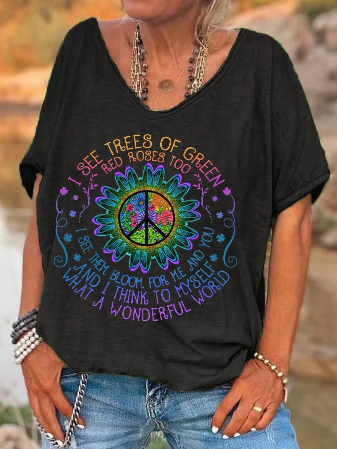 Ilstile Retro Hippie Butterfly T-Shirt Women Whisper Words Of Wisdom Print V-Neck Short Sleeve Loose Casual Summer Top