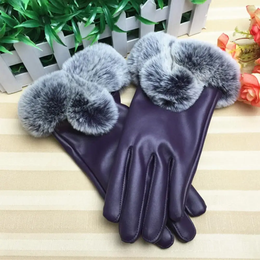 Full Finger Faux Leather Women Gloves Soft Plush Lining Driving Mittens Faux Rabbit Fur Touchscreen Gloves Fashion Ski Gloves