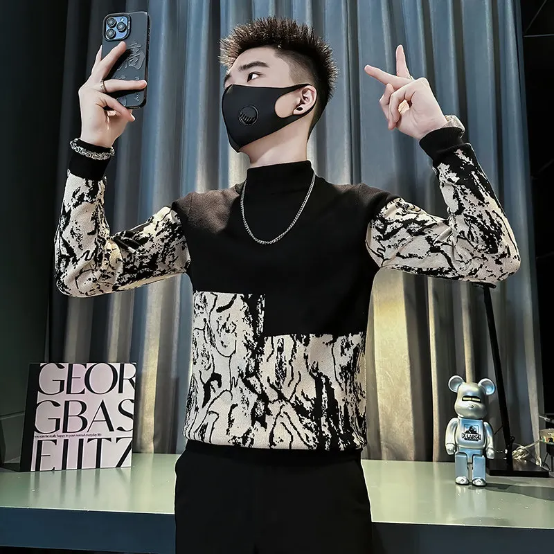 

S Size Small 55 Men's Knitted irt Patchwork Base Layer irt Autumn Winter XS Youth Korean Sle Knitwear Elastic Long Sve