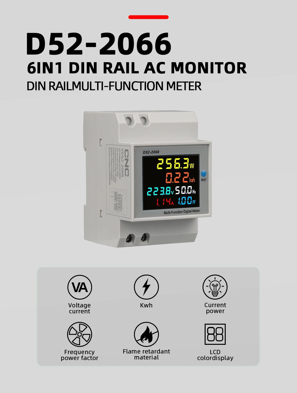 6IN1 din rail AC monitor 110V 220V 380V 100A Voltage Current Power Factor Active KWH Electric energy Frequency meter VOLT AMP