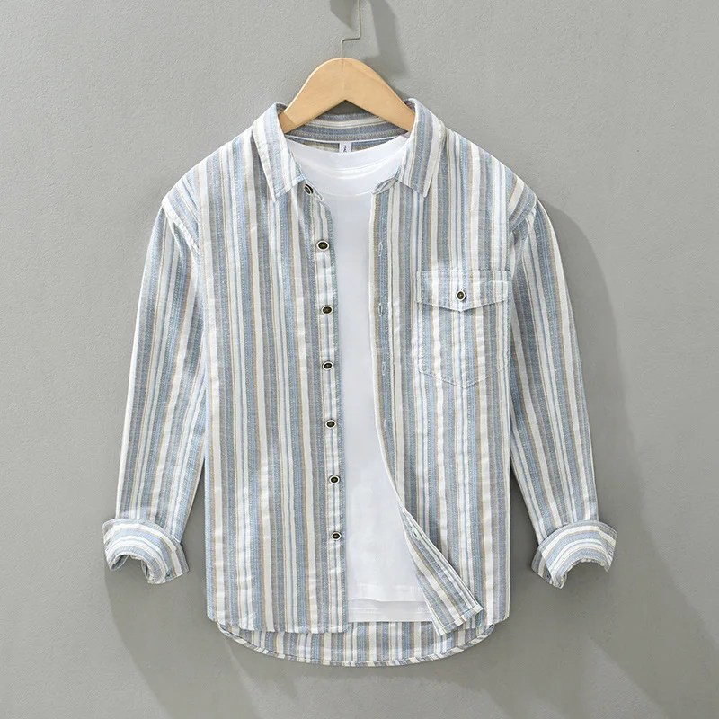 Spring Autumn Color Woven Striped Cotton Linen Shirt For Men Harajuku Loose Casual Long Sleeve Square Neck Button Down Shirt