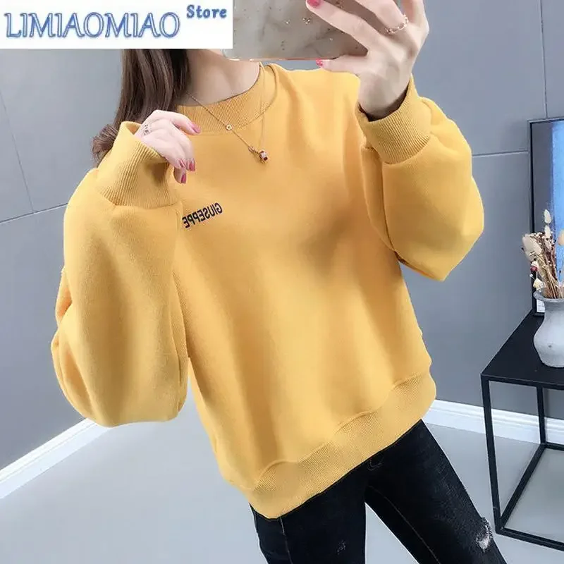 

Solid Color Printing Letter Short Sweatshirts Women High-quality Long Sleeve Plush and Thicken Autumn Winter All-match Top