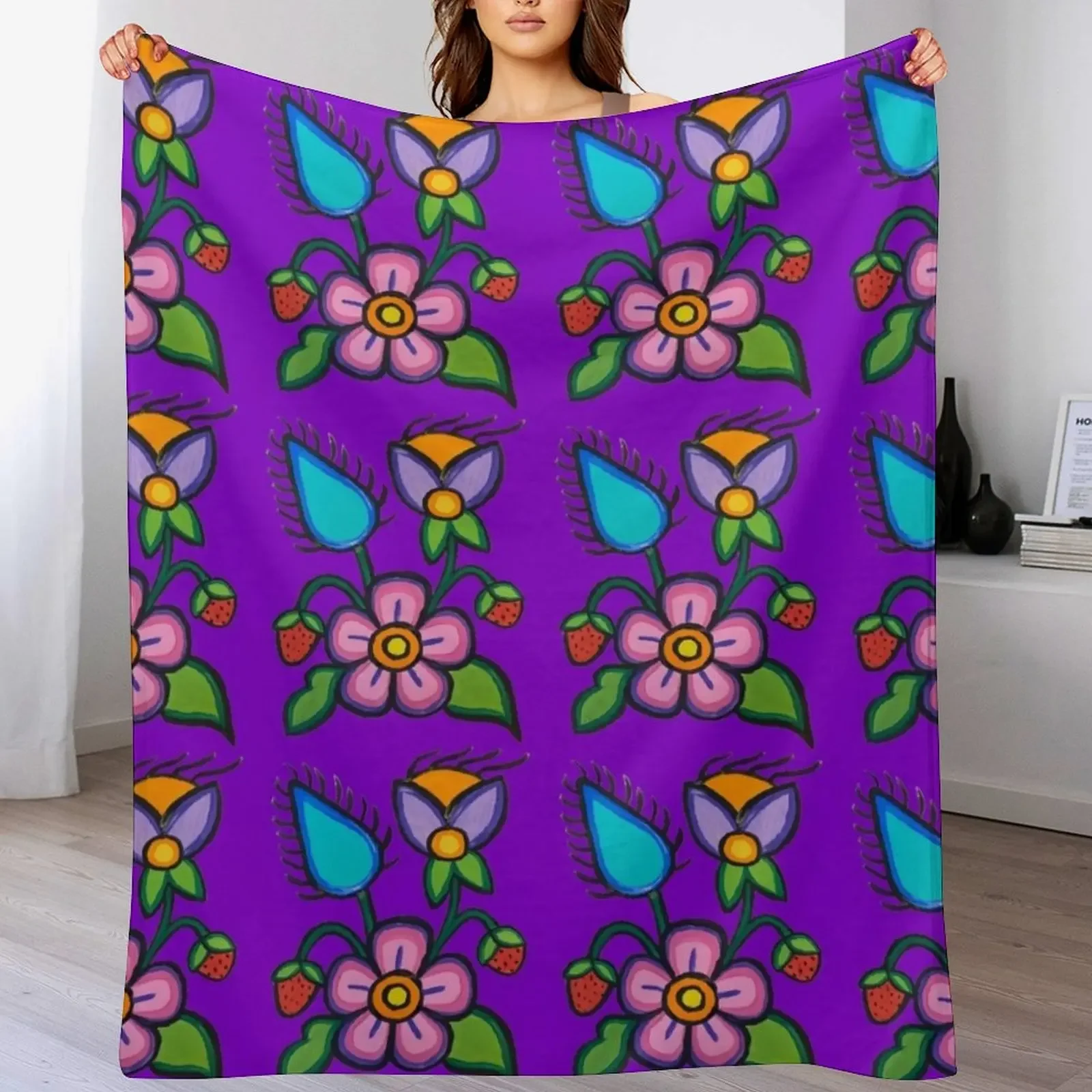 

Strawberry Bloom on Purple Throw Blanket Soft Home Decor Blanket for Couch Bedroom