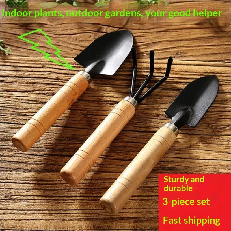 3 Pcs Mini Gardening Tools Set Wooden Handle Shovel Rake Hand Tool Kit for Potted Plant Soil Loosening Transplanting Flower Care