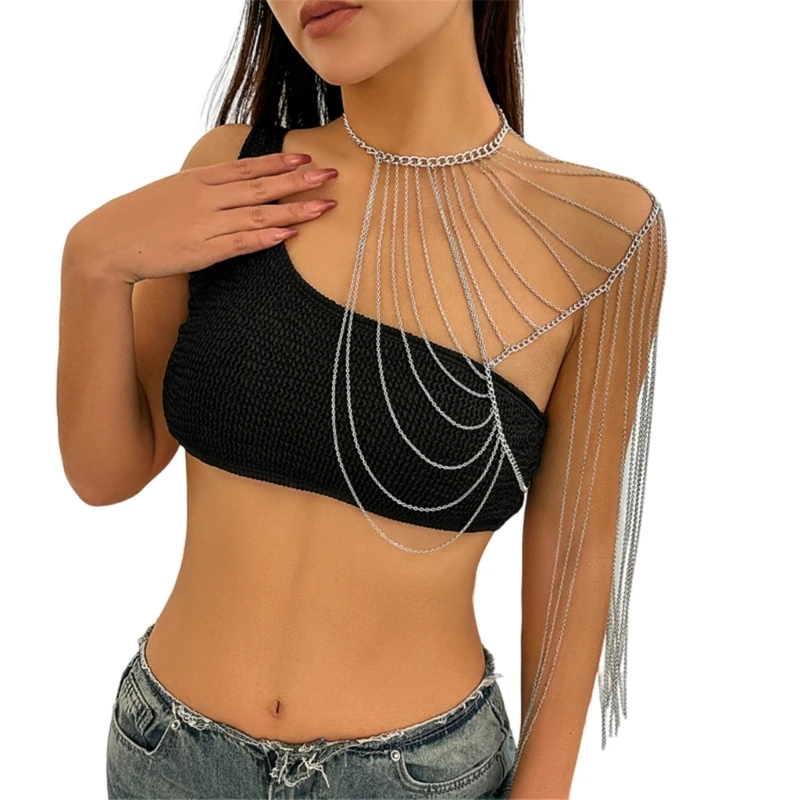 F42F Creative Shoulder Necklace Chain Woman Sexy Shoulder Chain with Long Fringes