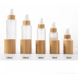 Perfume Bottle Glass Bamboo Lid Empty 30ml-120ml Frosted Lotion Pump Dispenser Refillable Emulsion Cosmetic Spray Bottle Travel
