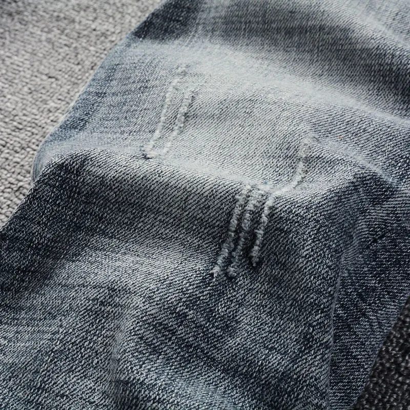 Italian Style Fashion Men Jeans Retro Blue Gray Elastic Stretch Slim Fit Ripped Jeans Men Embroidery Designer Vintage Pants