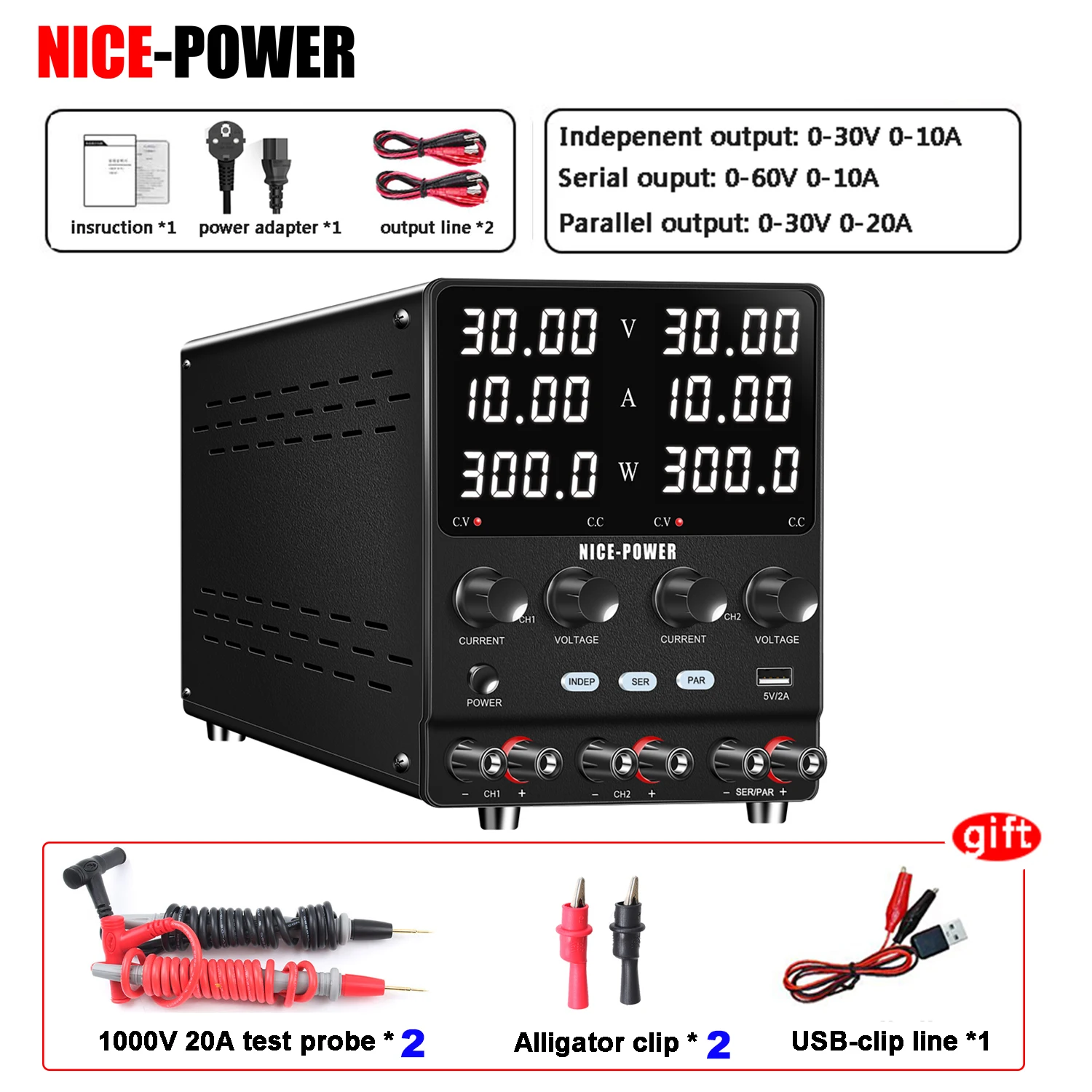 NICE POWER SPS3010-2KD 30V 10A Dual Lab Power Supply 30V 20A Variable Switching Power Source Support Series Parallel USB Output