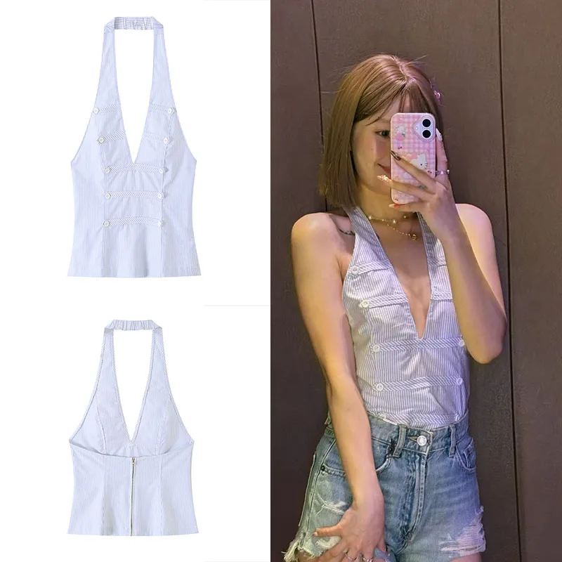 Guobioziy 2026 New Women's Blue and White Striped Halter Top V-Neck Double-Breasted Sleeveless Short Y2K Retro Summer Daily Top