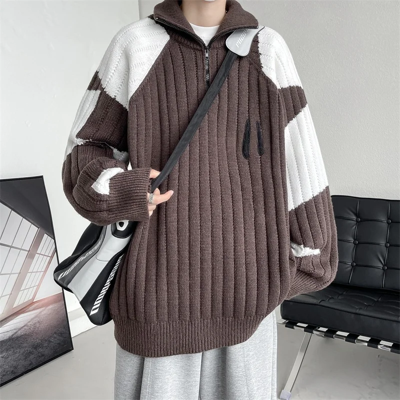 

American Retro Spliced Color Men's Loose Knitted Sweater f Zip Winter Casual Long Sve round Ne Sweater Coat