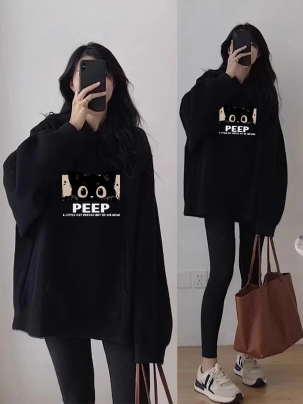 

Black Fleece Lined Hoodie Women's Loose Fit Oversize Autumn New Style American Trendy Brand Sweatshirt Mid-Length Commute Style
