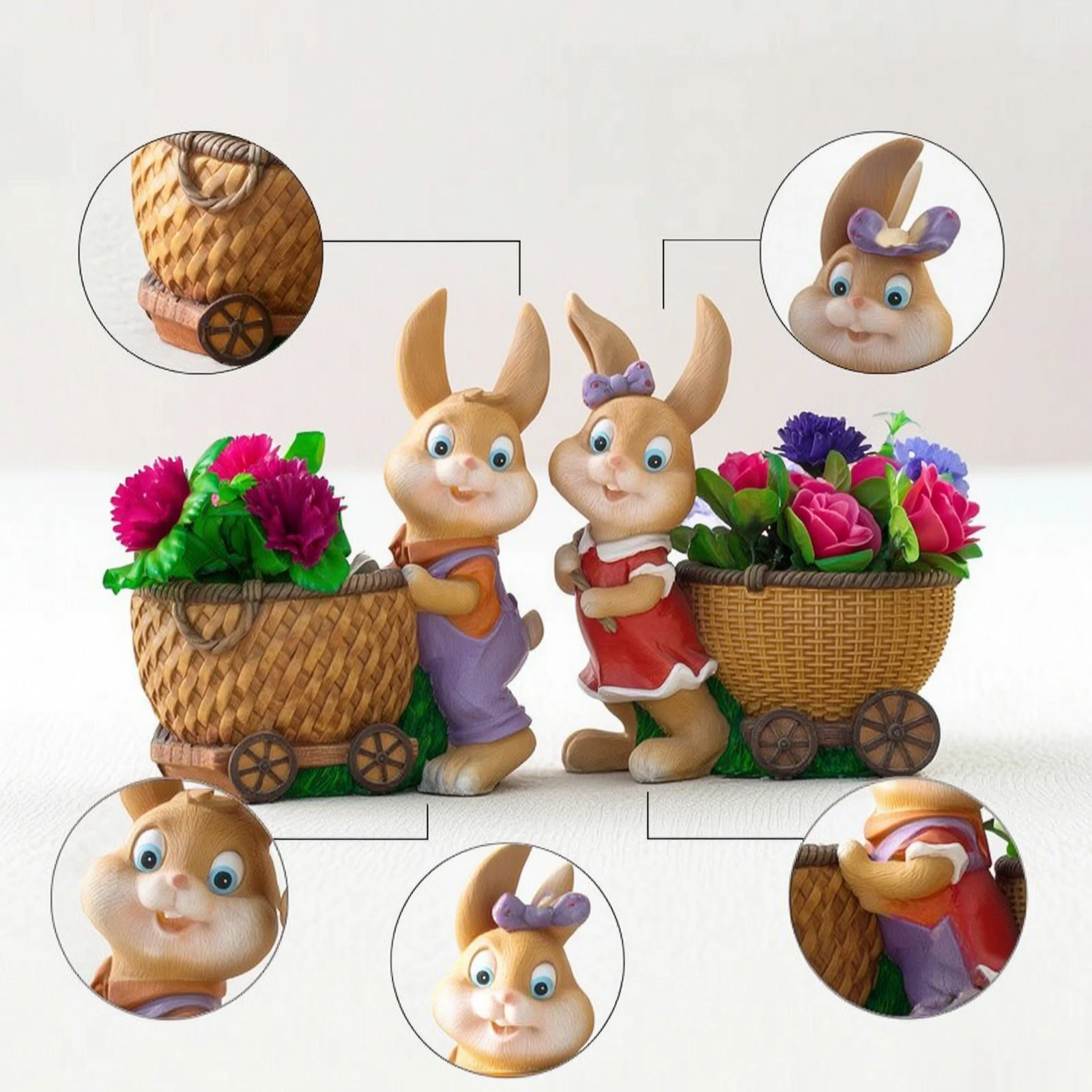 Rabbit Statue with Basket Freestanding Statue with Planter Rabbit Ornament Cartoon Bunny Flower Pot Cute for Patio, Balcony